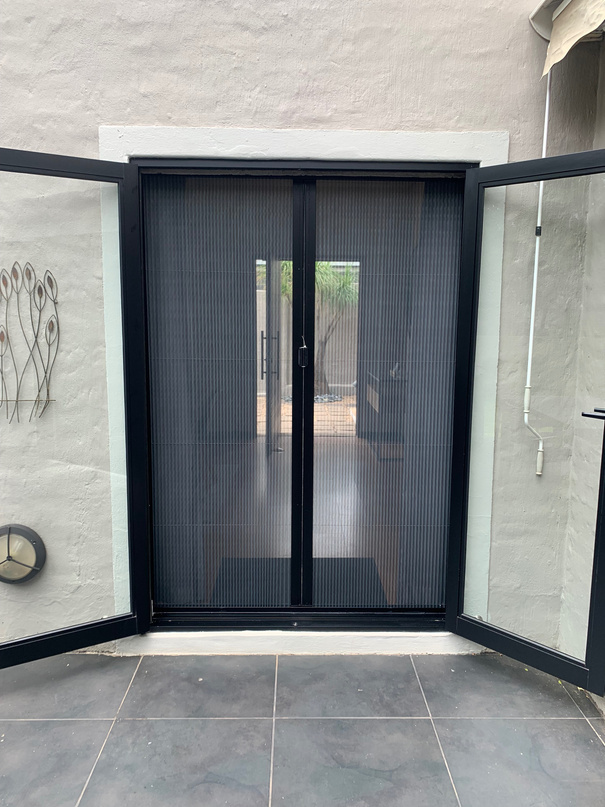Double door with a black pleated insect screen installed.